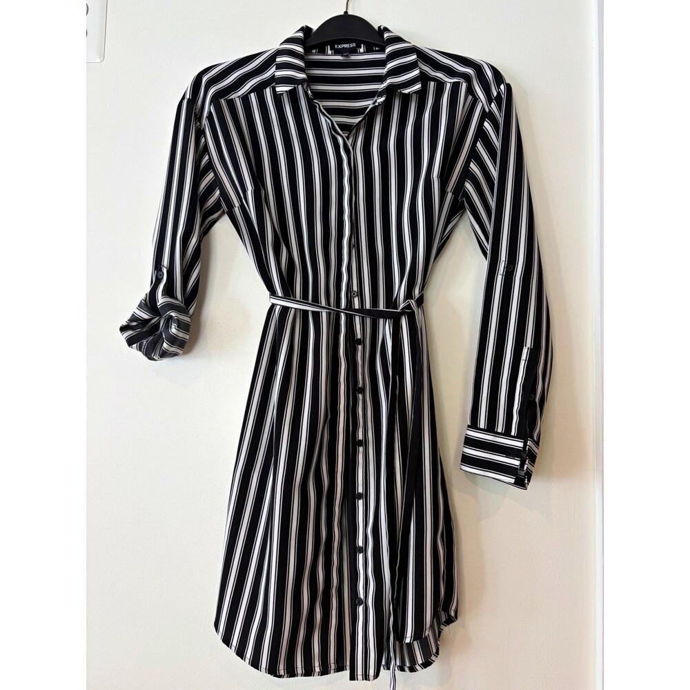 Express Black White Striped Belted Shirt Dress Collared Long Sleeve Women S